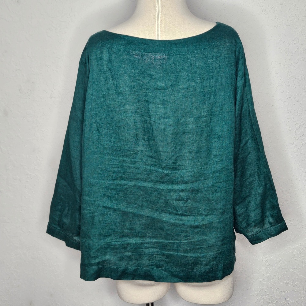 Isaac Mizrahi New York Womens XL Emerald Green 100% Linen 3/4 Sleeve Blouse Top - Picture 3 of 6